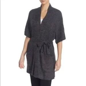Barefoot Dreams CozyChic Lite Ribbed Belted Kimono Cardigan Carbon/Black Medium